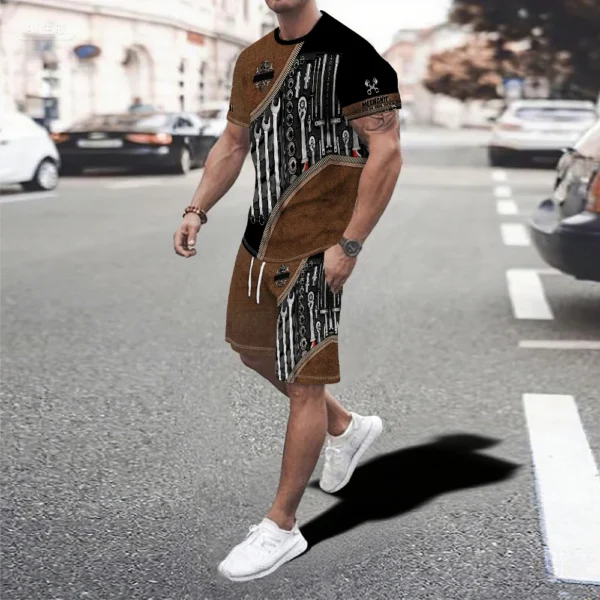 T-Shirt pour hommes, costume de sport, mode mécanique, impression 3d, été, T-Shirt et short décontractés, combinaison de Style de rue en plein air