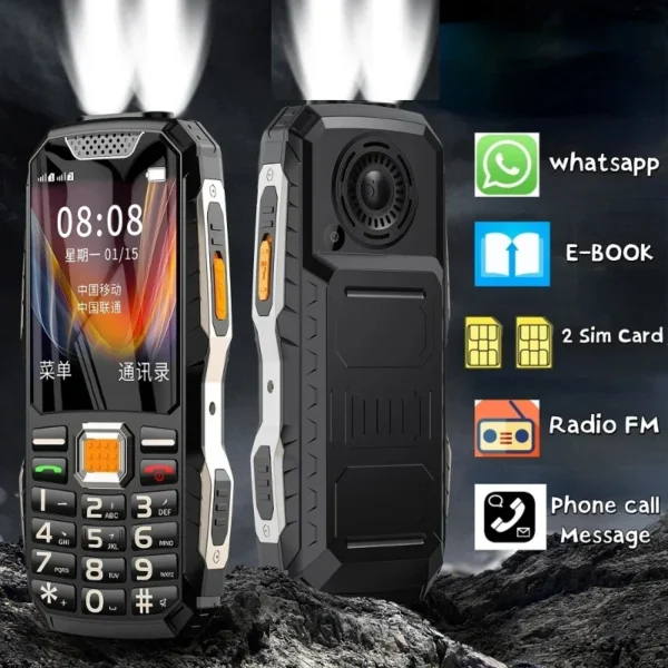 Téléphone portable robuste à bouton poussoir, 2.4 pouces, double Sim, Bluetooth, double lampe de poche, MP3 FM, grand klaxon, 2400MAH, anti-poussière, antichoc – Image 4